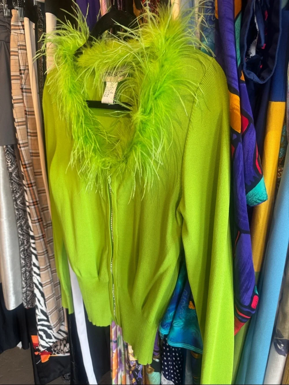 Y2K Lime Green Feather Trim Zip Cardigan - Picture 3 of 6